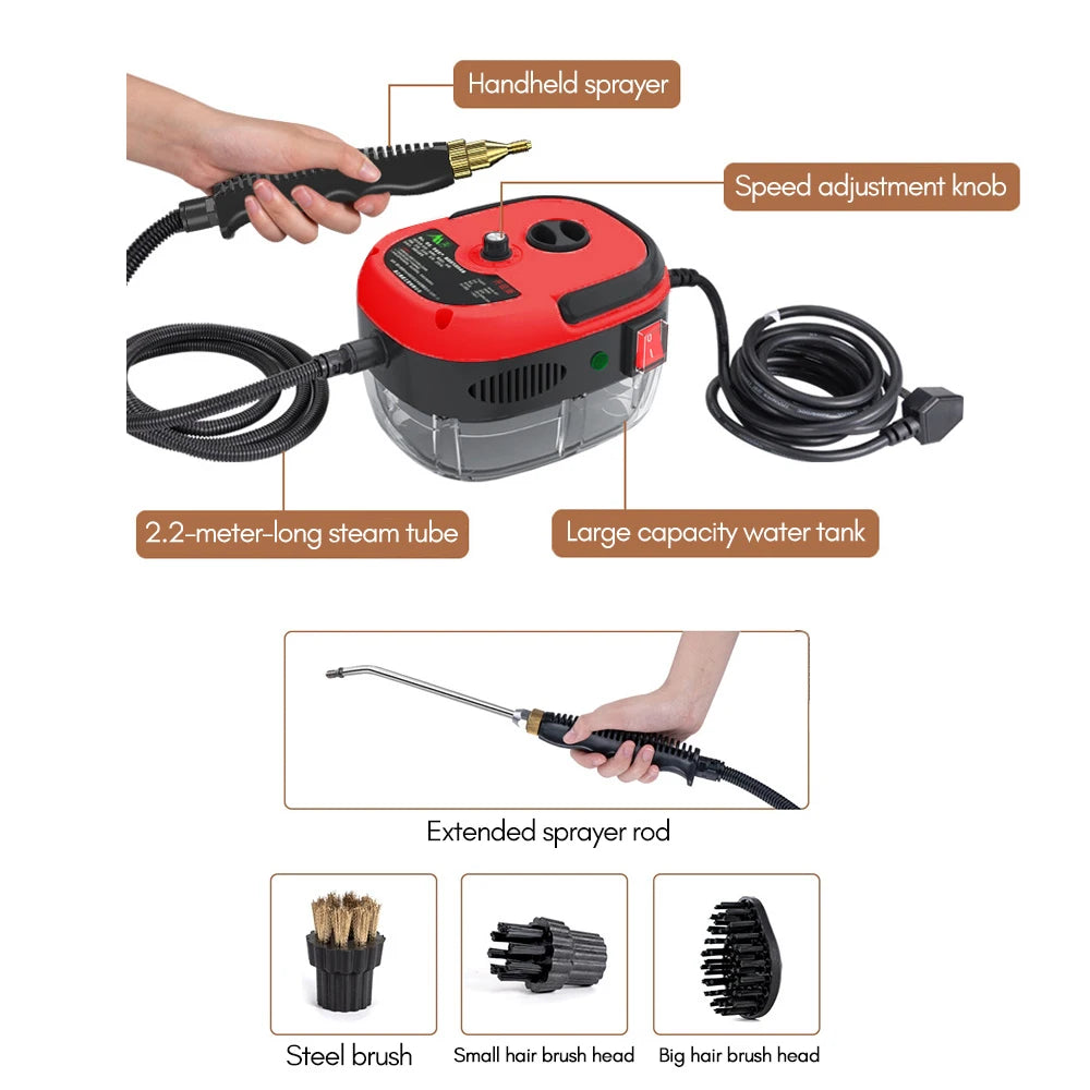 2500W Portable Handheld Steam Cleaner High Temperature Pressurized Steam Cleaning Machine with Brush Heads for Furniture Car