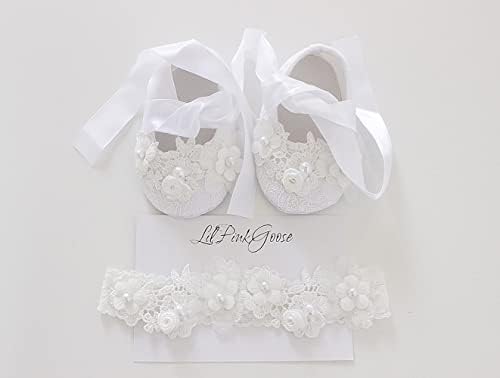 LilPinkGoose 0-18M Baby Girls Newborn Christening Shoes HeadBand Set