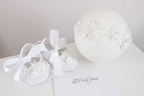 LilPinkGoose 0-18M Baby Girls Newborn Christening Shoes HeadBand Set