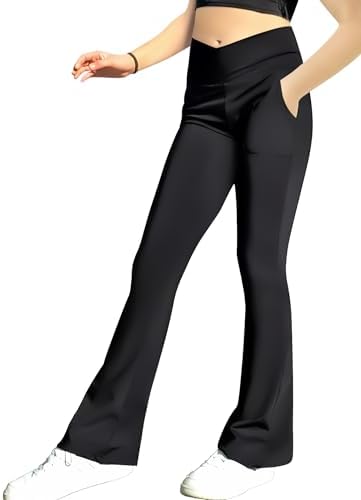 Girls High-Waisted Cross-Flare Leggings with 4-Way Stretch fabric Pockets Black