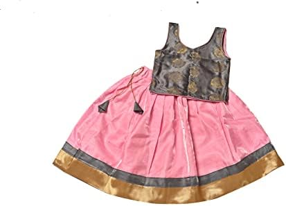 Elegant Satin Silk Lehenga Choli for Kids in Grey Baby Pink