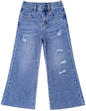 KIDSCOOL SPACE Girls Slim Fit Wide-Leg Jeans Distressed Denim