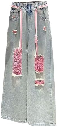 Girls Denim Cargo Pants High Waist Floor Length Pockets