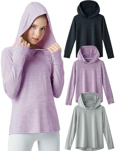 3 Pack Athletic Girls Long Sleeve Shirts Hoodies with Thumbholes for Kids