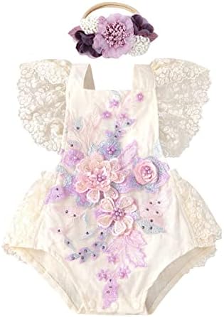 Adorable Baby Girl Lace Romper with Fluffy Headband Set