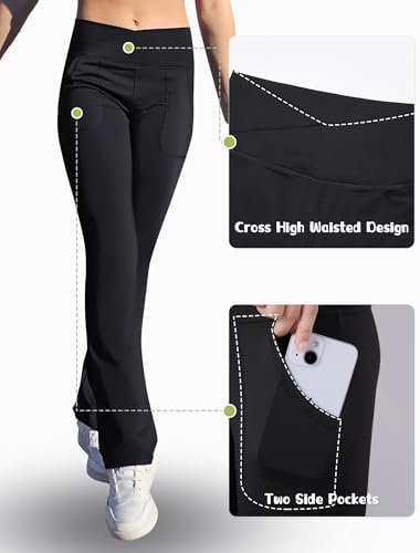 Girls High-Waisted Cross-Flare Leggings with 4-Way Stretch fabric Pockets Black