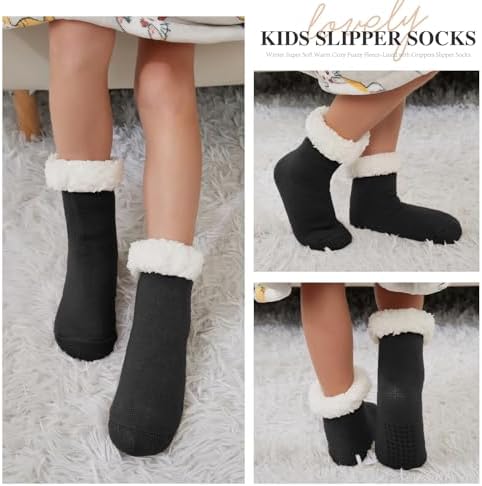 KFUBUO Kids Fleece Slipper Socks with Non-Skid Soles