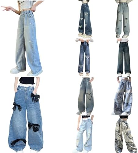 Big Girls Baggy Jeans with Heart Embroidery and Pockets