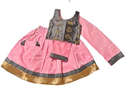 Elegant Satin Silk Lehenga Choli for Kids in Grey Baby Pink