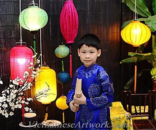Vietnamese Artwork Blue Ao Dai Dress Royal Medallions