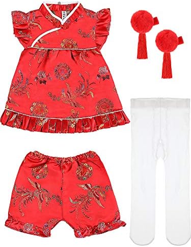Geyoga Baby QipaoChinese New YearDress with TasselHair Clips Velvet Stockings