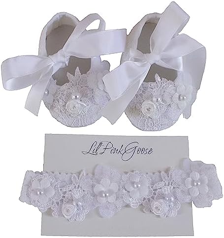 LilPinkGoose 0-18M Baby Girls Newborn Christening Shoes HeadBand Set
