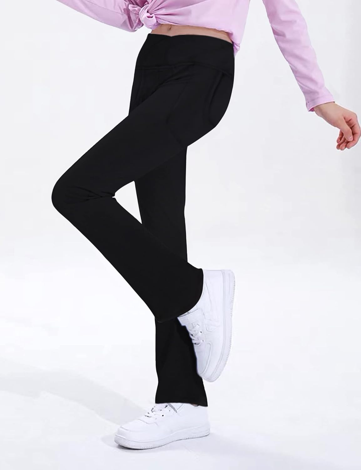 Girls High-Waisted Cross-Flare Leggings with 4-Way Stretch fabric Pockets Black