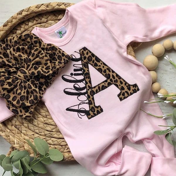 Personalized Leopard Romper Turban Set for Newborn