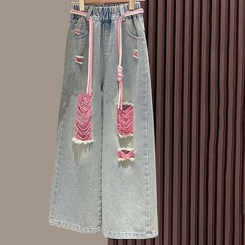 Girls Denim Cargo Pants High Waist Floor Length Pockets