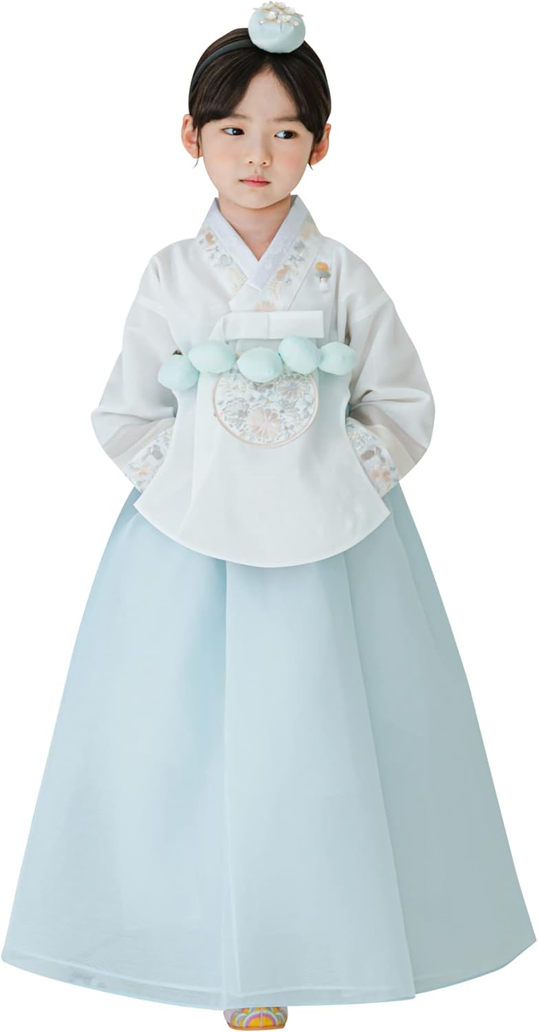 Stylish Sky Dangui Korean Hanbok Dress for Kids 10015yo