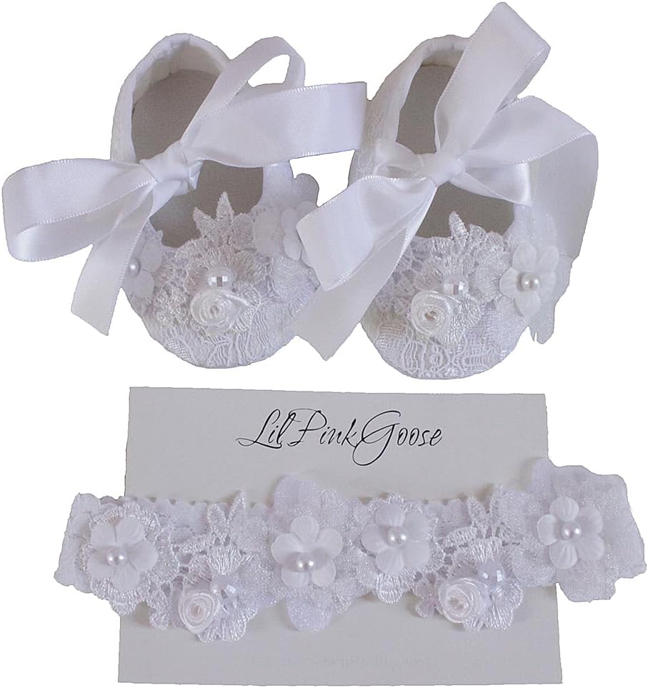 LilPinkGoose 0-18M Baby Girls Newborn Christening Shoes HeadBand Set