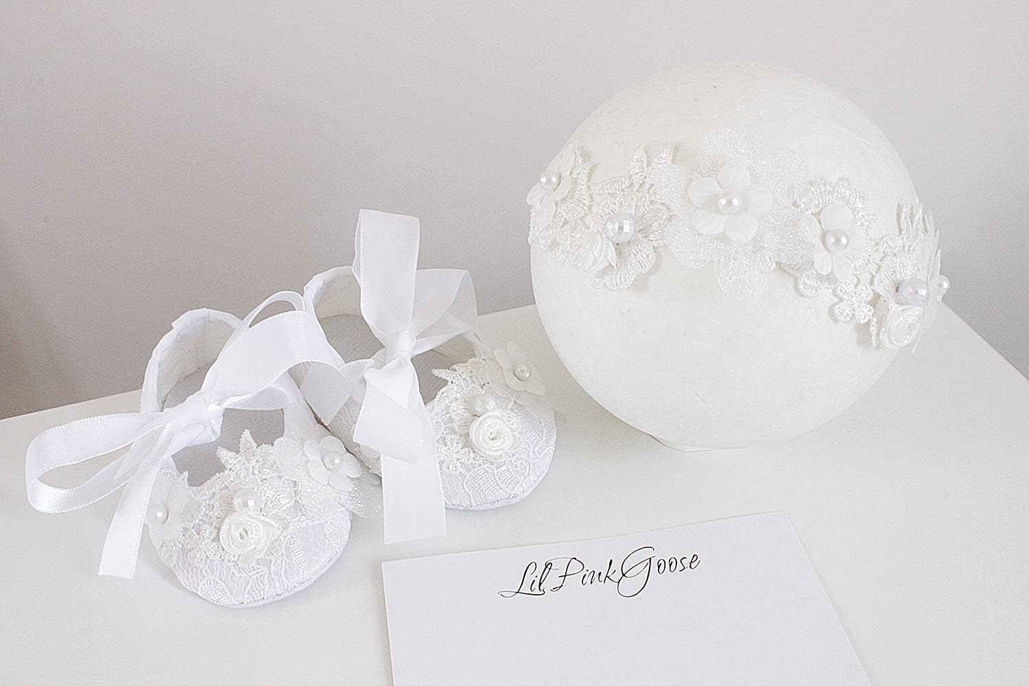 LilPinkGoose 0-18M Baby Girls Newborn Christening Shoes HeadBand Set
