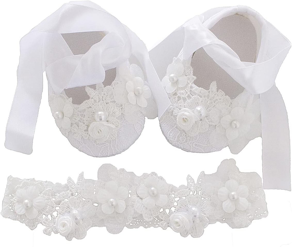LilPinkGoose 0-18M Baby Girls Newborn Christening Shoes HeadBand Set