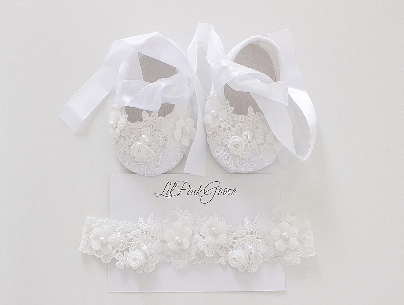LilPinkGoose 0-18M Baby Girls Newborn Christening Shoes HeadBand Set