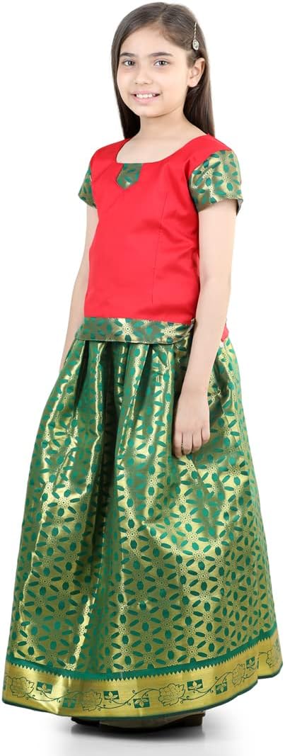 BownBee Baby Girls Pavda Pattu Lehenga Choli Half Sleeve Dress