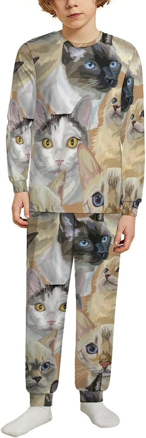 Kids Thermal Set Cats Face Pajamas for Boys Girls
