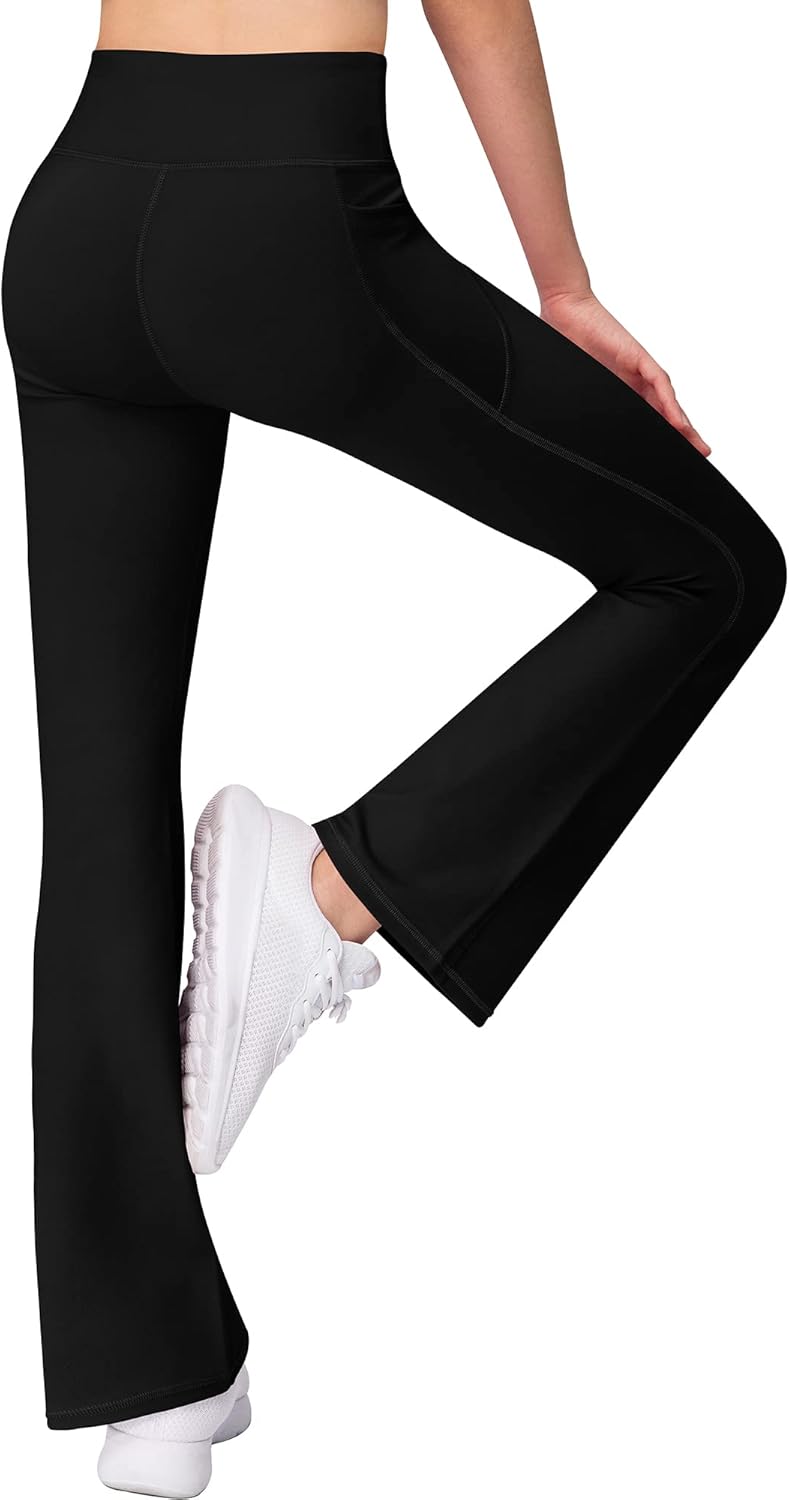 AENLLEY Girl Yoga Flare Wide Leg Tummy Control Stretchy Pants with Pockets