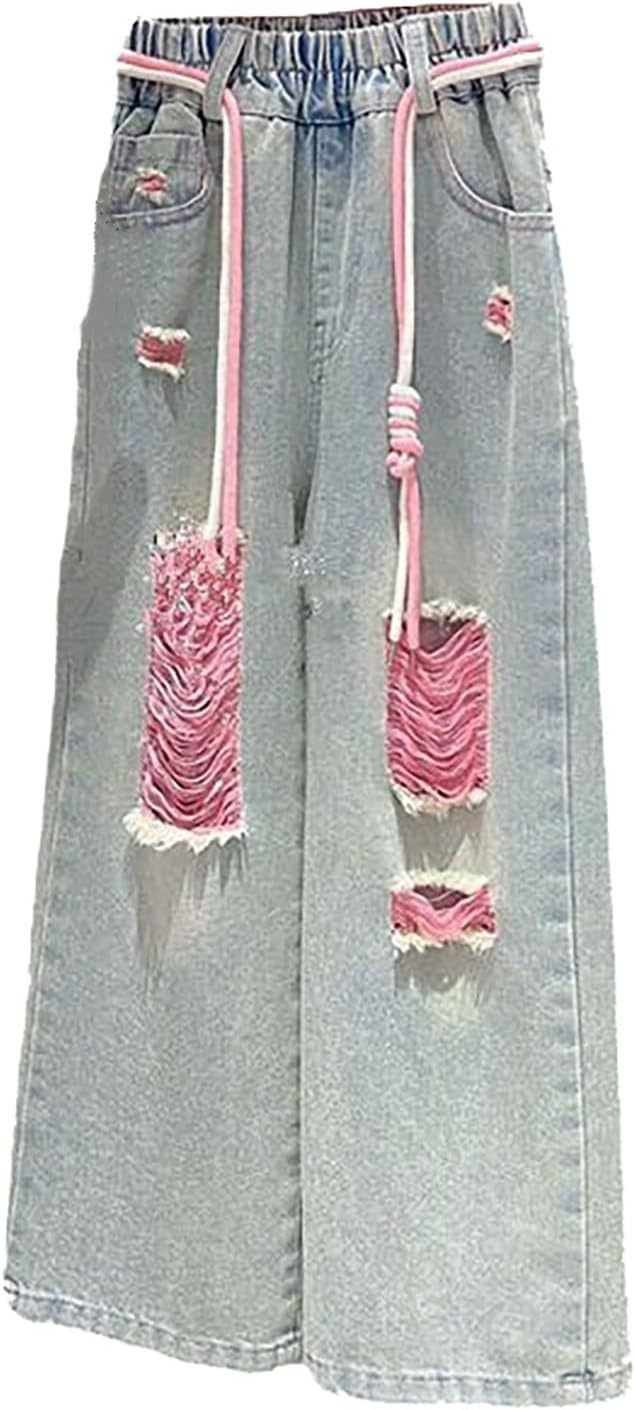 Girls Denim Cargo Pants High Waist Floor Length Pockets
