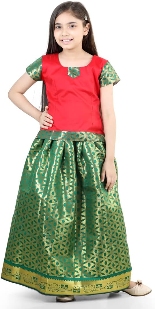 BownBee Baby Girls Pavda Pattu Lehenga Choli Half Sleeve Dress