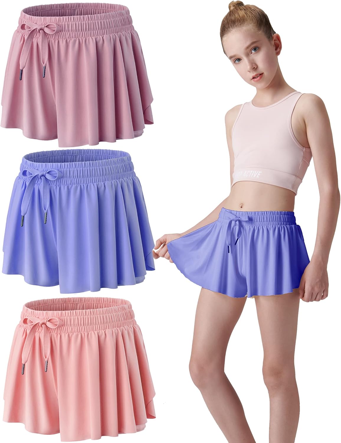 3-Piece Girls Flowy Spandex Shorts for Fitness and Activity