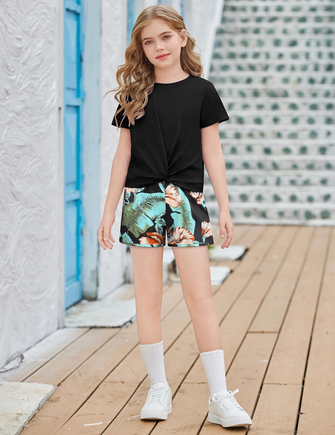 Arshiner Girls 2-Piece Twist Front Top and Shorts Set