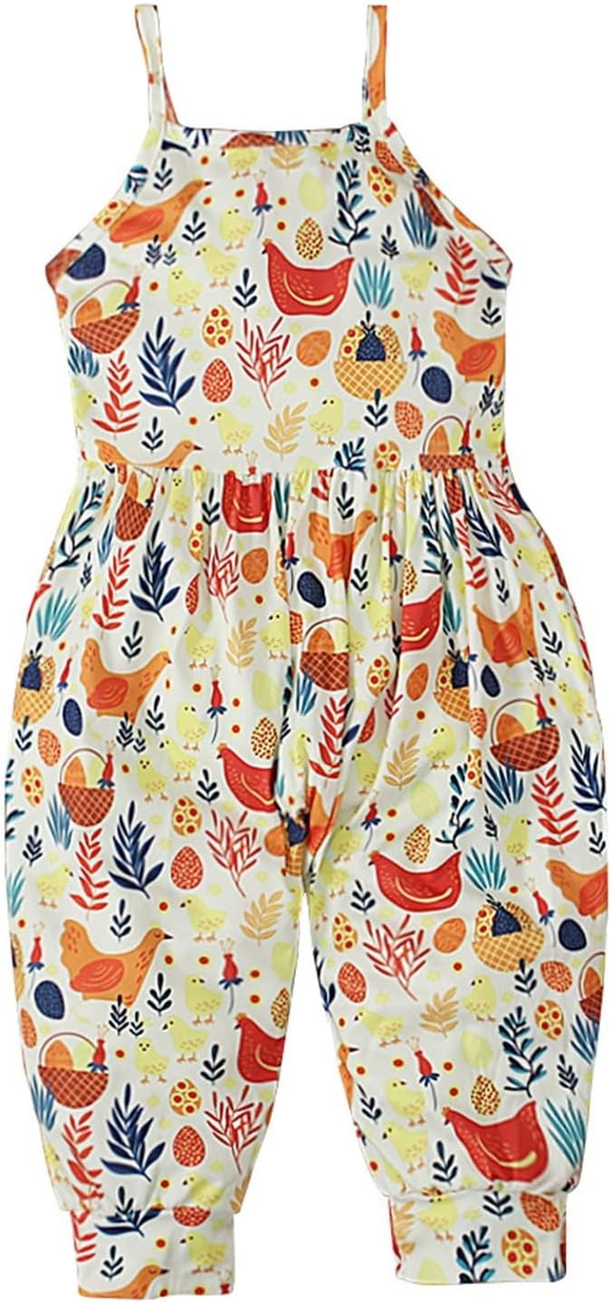 Girls Easter Cute Chicken Bunny Print Bodysuit Jumpsuit