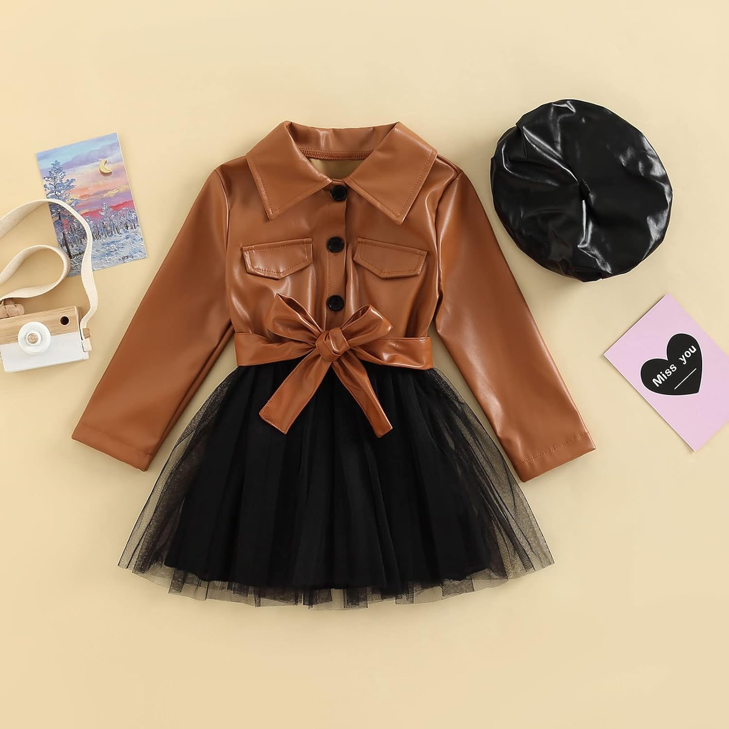 Toddler Girls Faux Leather Tulle Winter Outfit