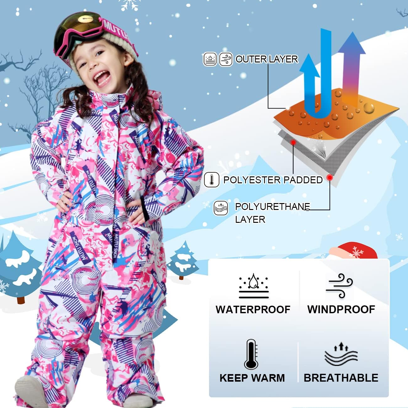YEEFINE - One-Piece Winter Snowsuit for Kids Adults - Waterproof Windproof