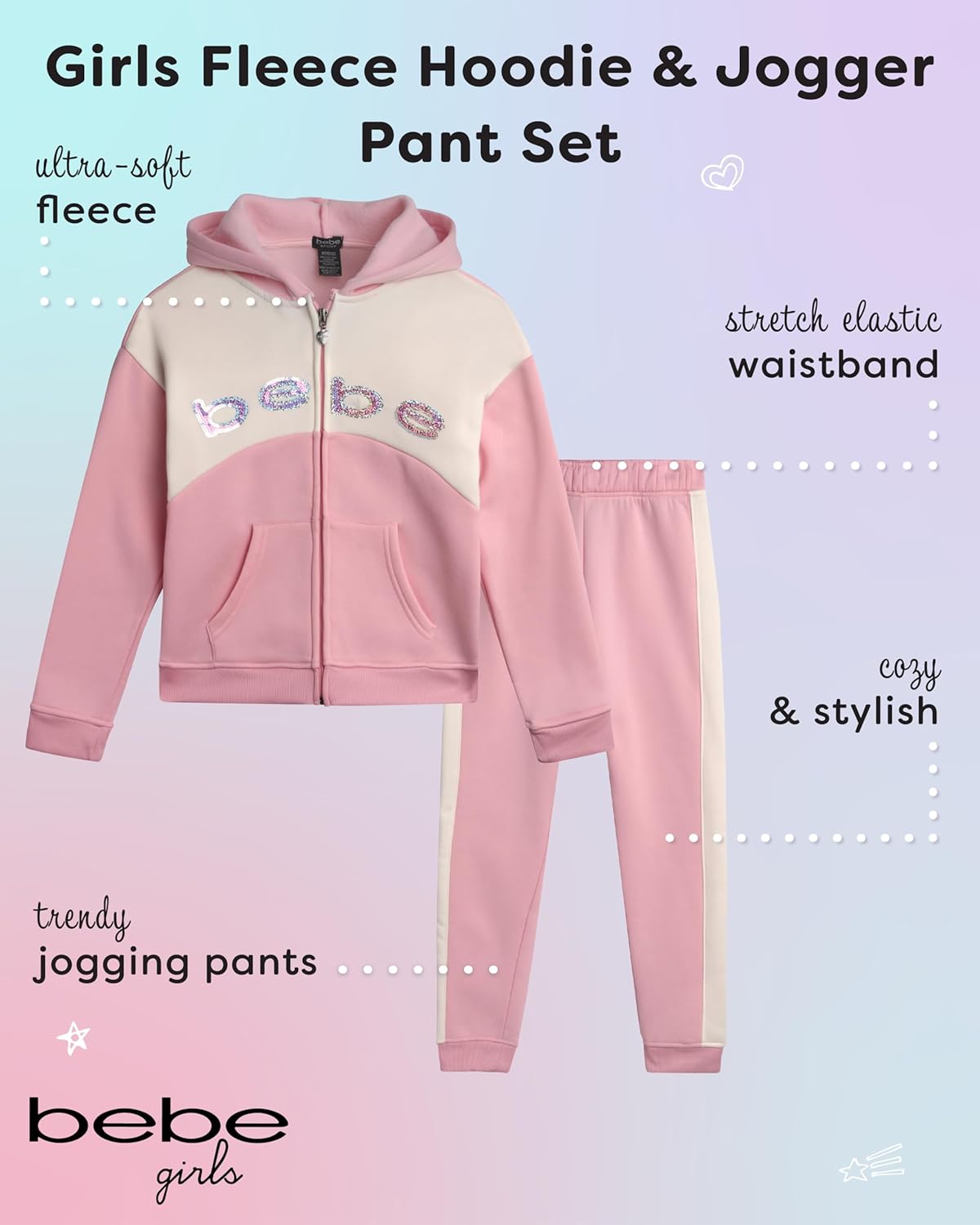 Bebe Girls Jogger Set - Cute Sequin Fleece with Hoodie and Pants
