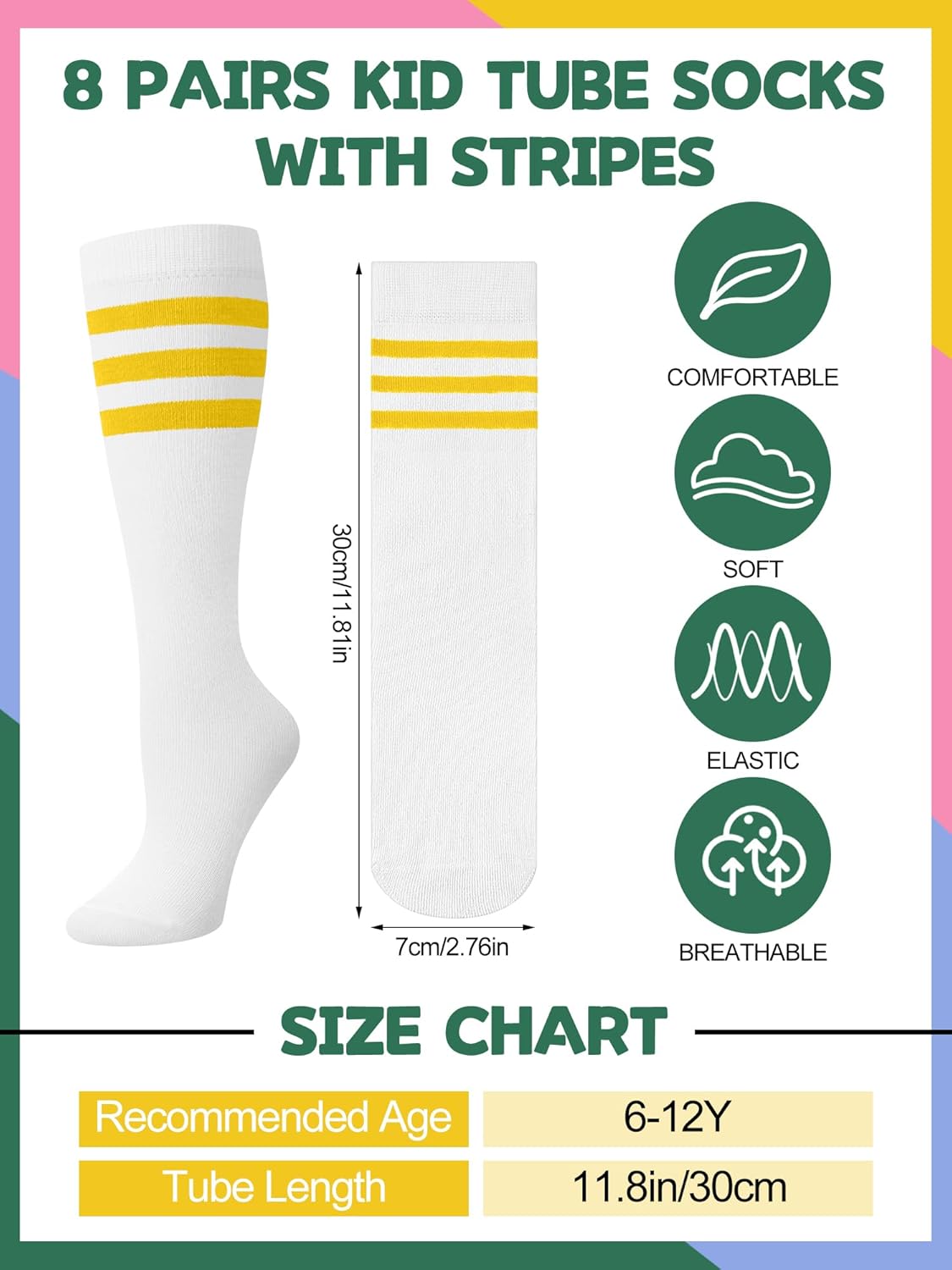 Breathffy 8 Pairs Kids Striped Tube Socks