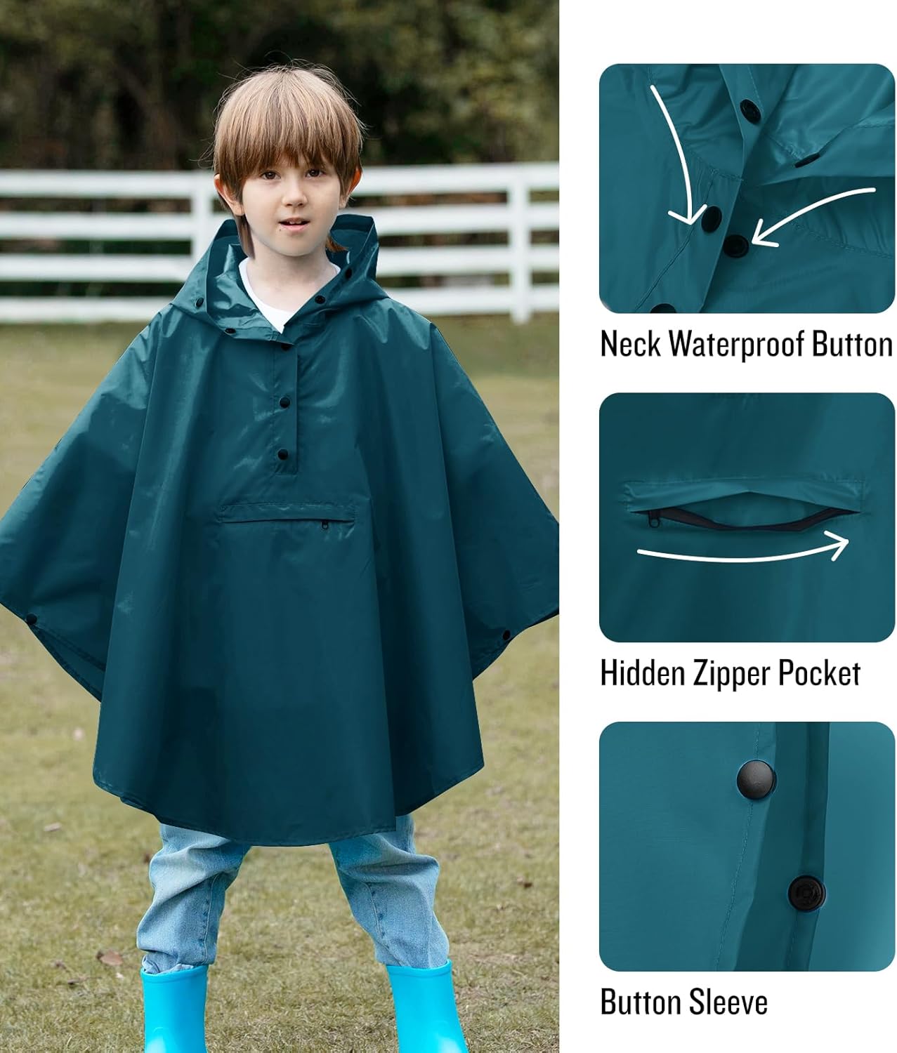 SaphiRose LightweightKids Rain Poncho Jacket - Waterproof and Easy to Wear
