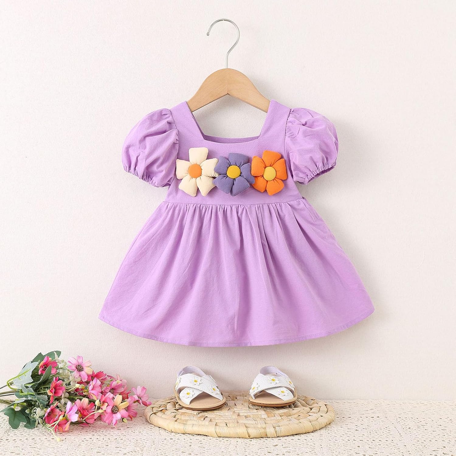 3D Flower Puff Sleeve Dress