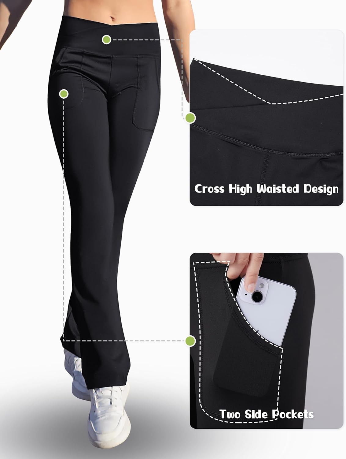 Girls High-Waisted Cross-Flare Leggings with 4-Way Stretch fabric Pockets Black