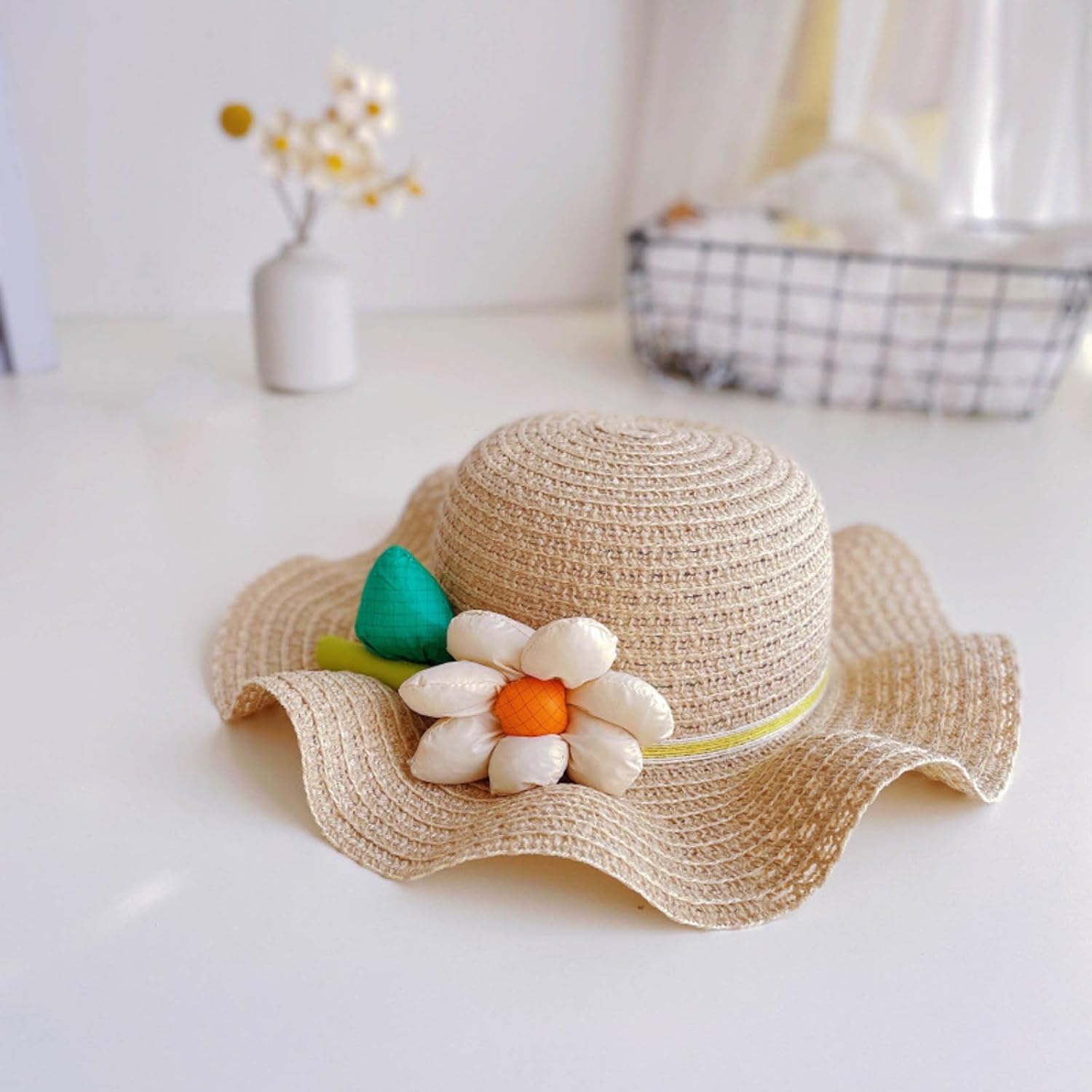 50 SPF Sun Protection - Floral Straw Bucket Hat for Baby Girls