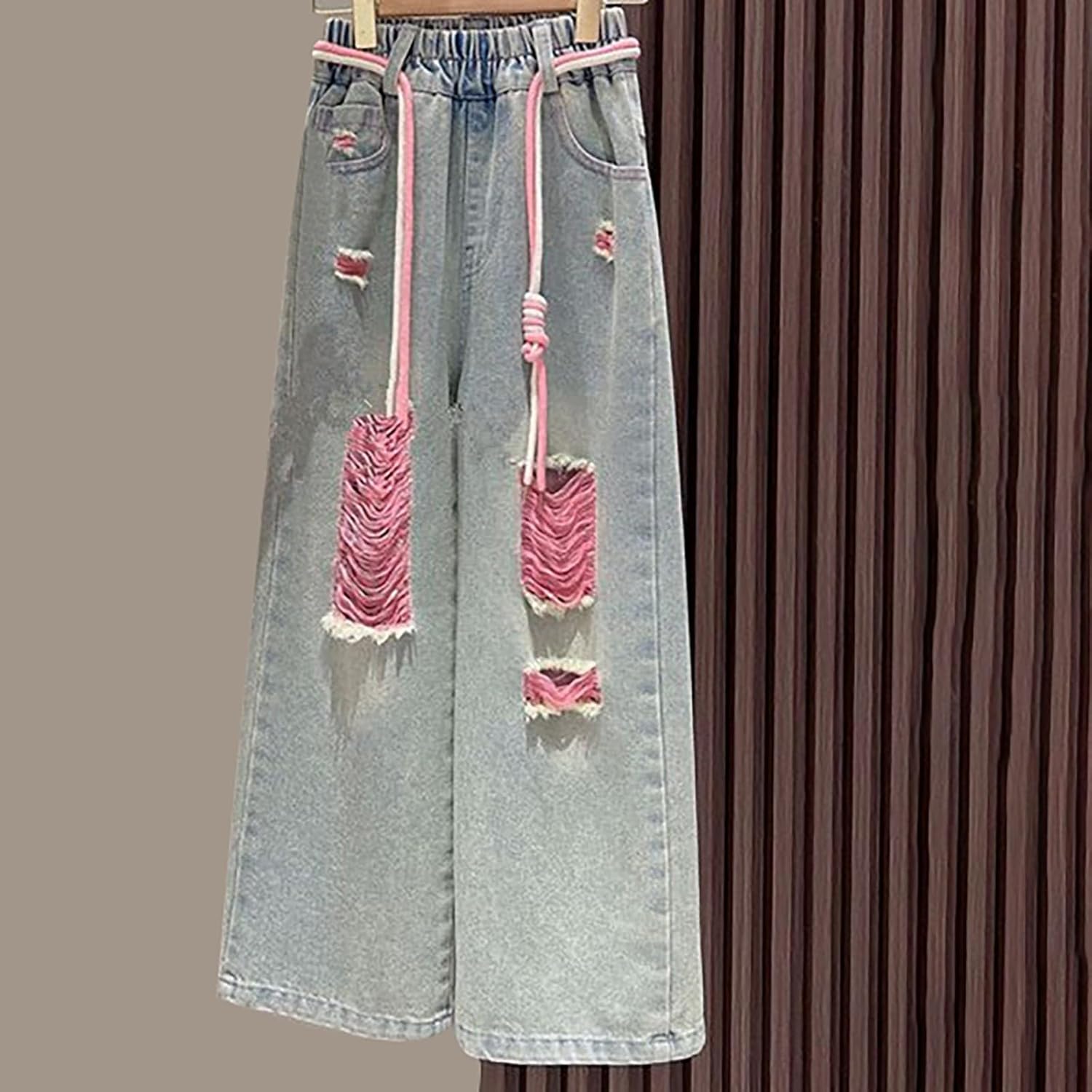 Girls Denim Cargo Pants High Waist Floor Length Pockets