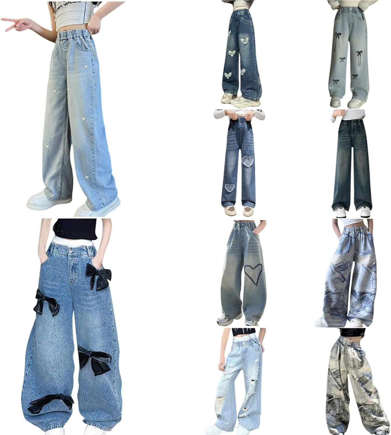 Big Girls Baggy Jeans with Heart Embroidery and Pockets