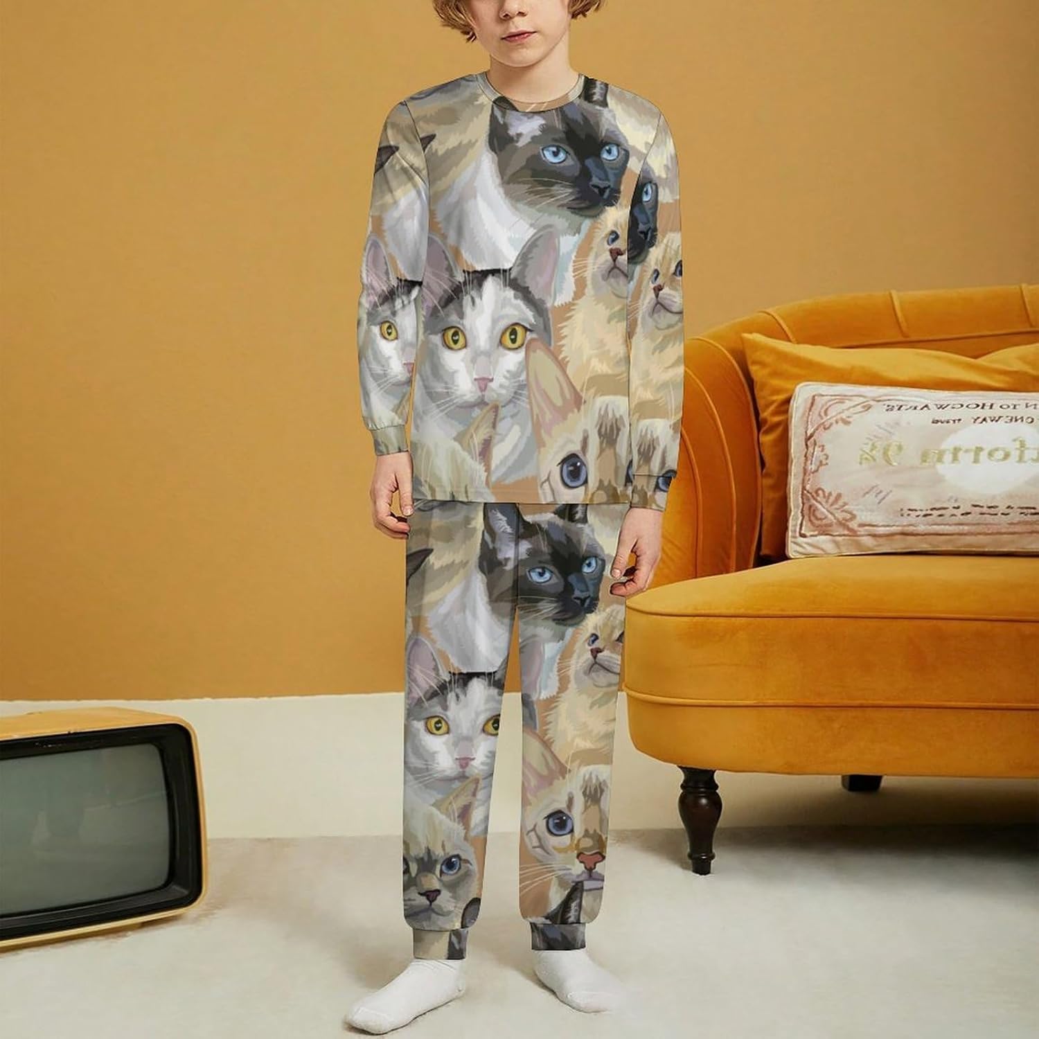 Kids Thermal Set Cats Face Pajamas for Boys Girls