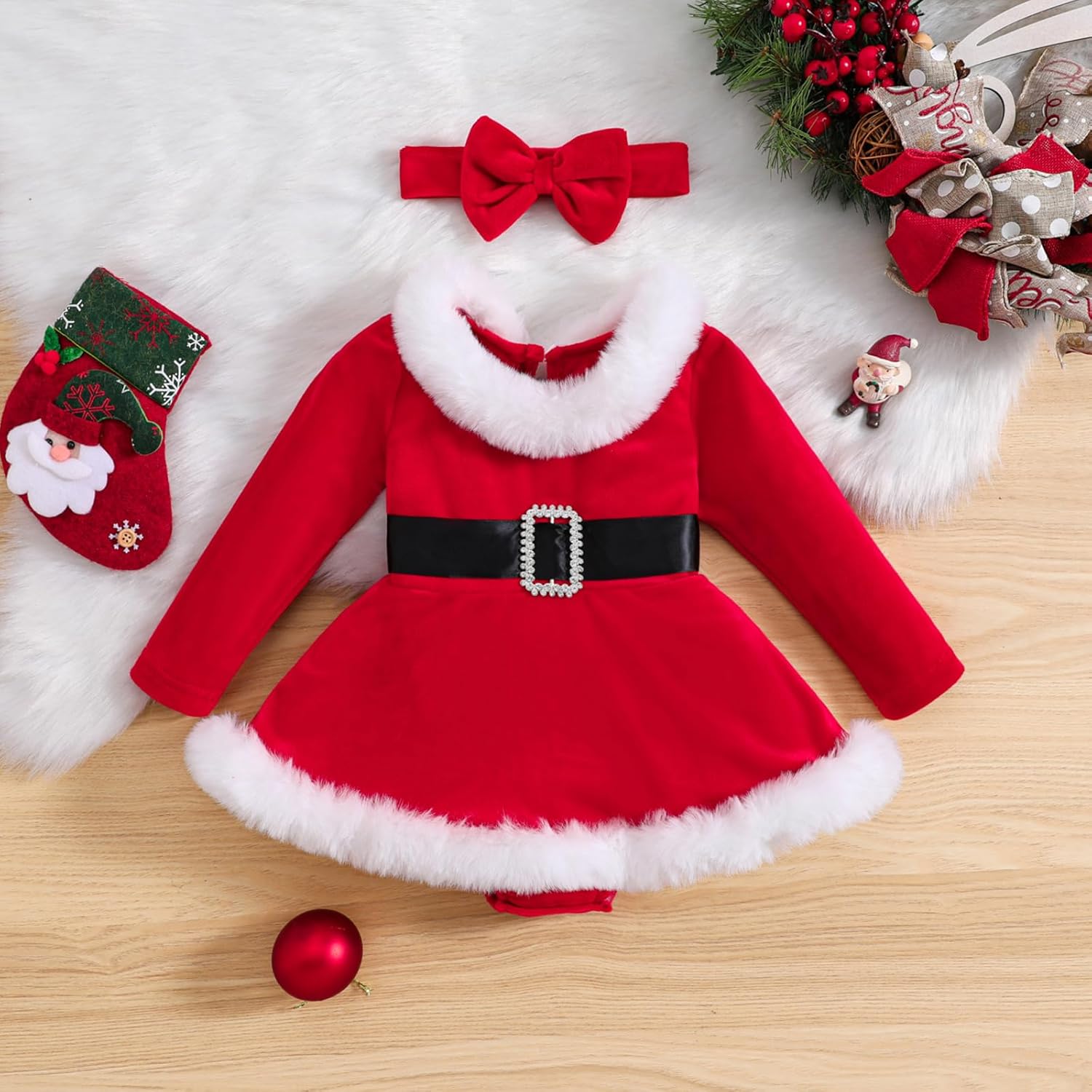 Baby Girl Christmas Romper Dress with Headband