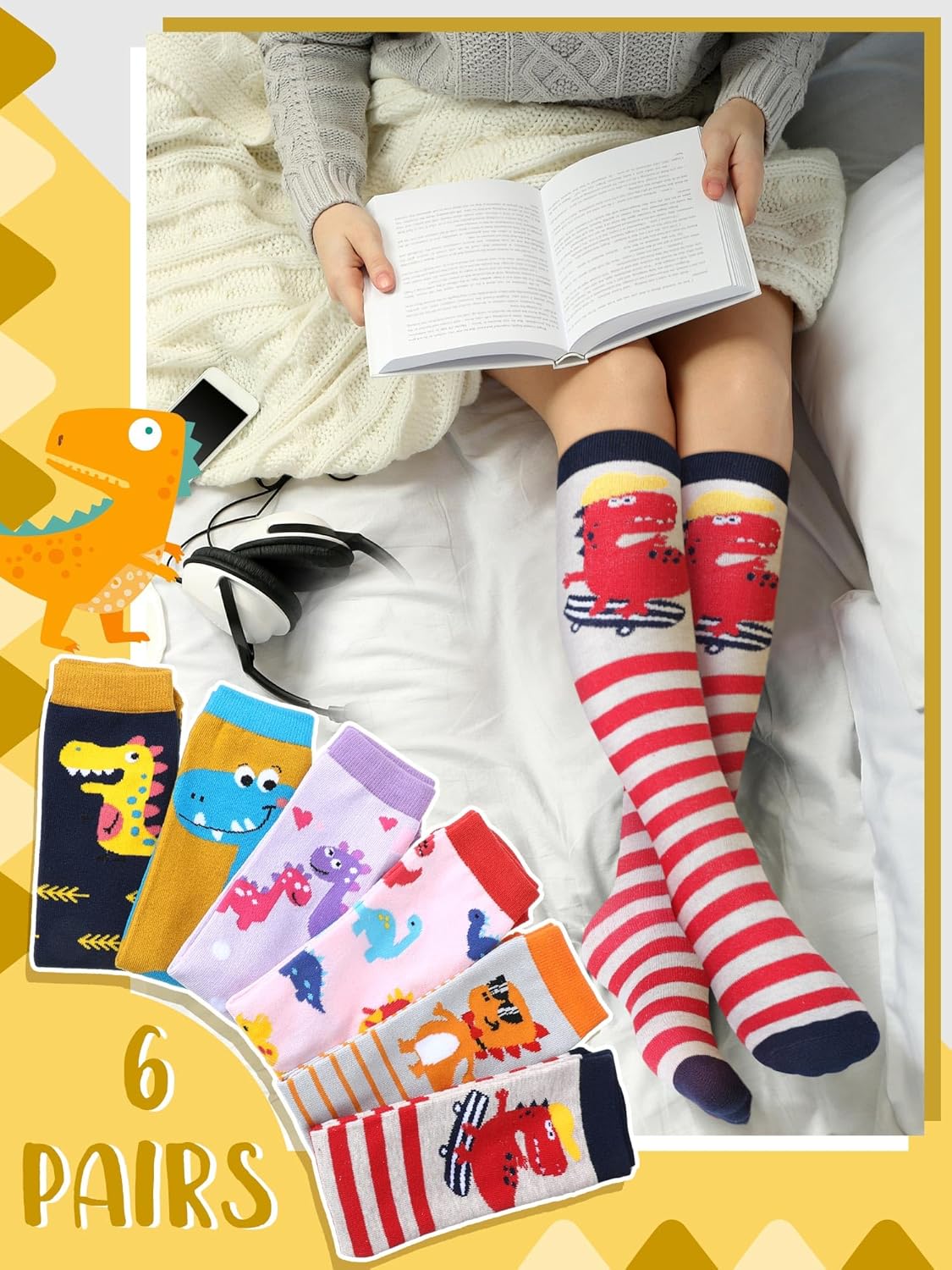 Fourluoo Dinosaur Socks for Kids 3-12 Years