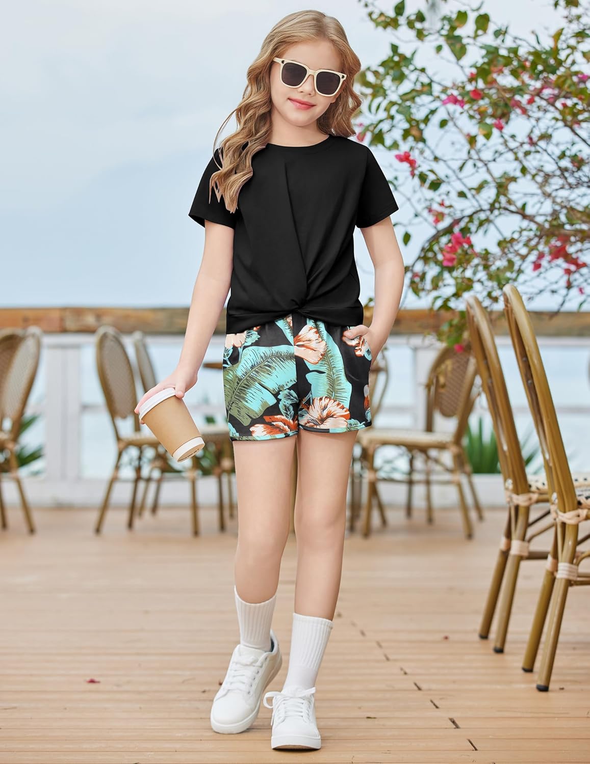 Arshiner Girls 2-Piece Twist Front Top and Shorts Set