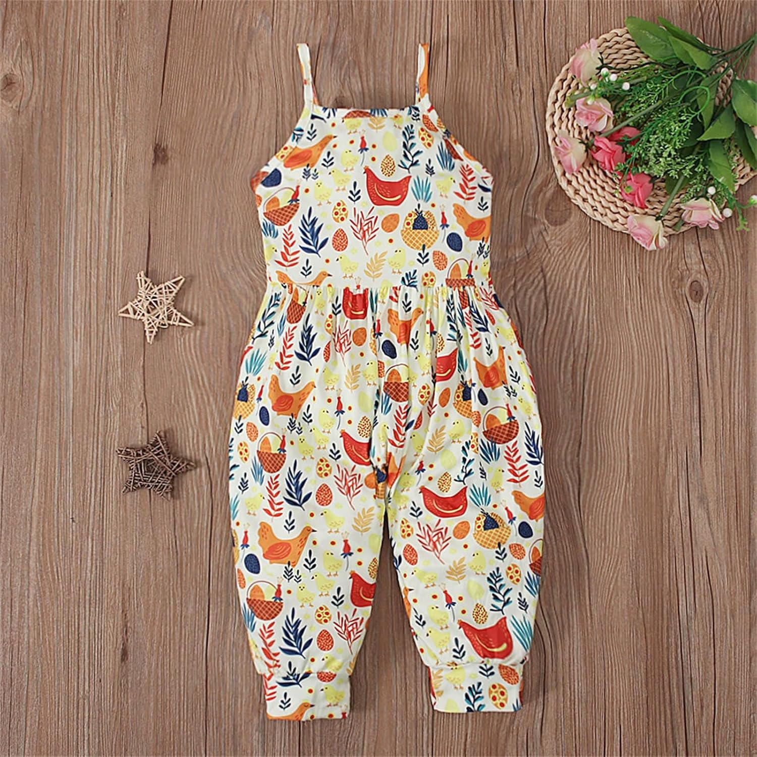 Girls Easter Cute Chicken Bunny Print Bodysuit Jumpsuit