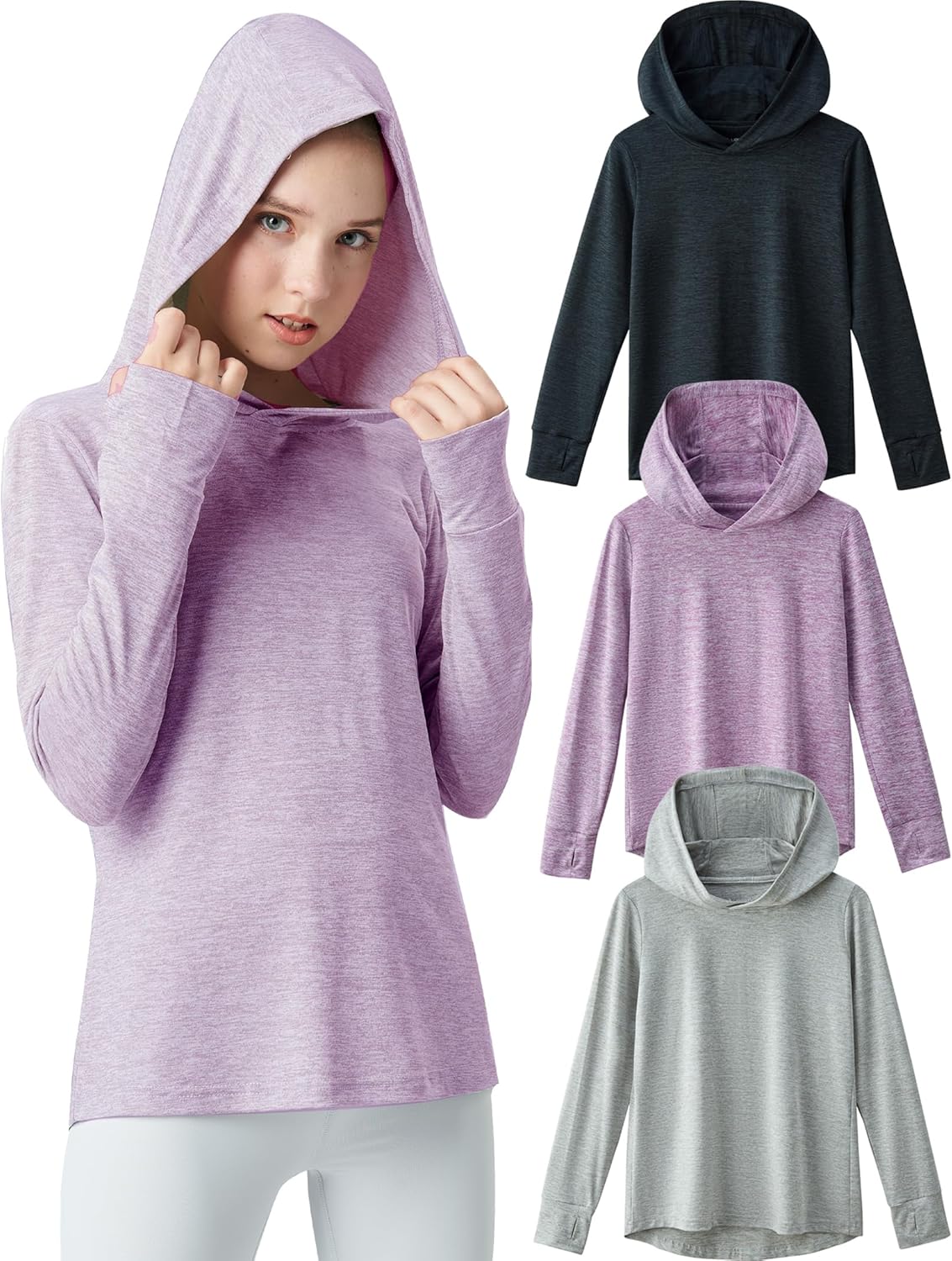 3 Pack Athletic Girls Long Sleeve Shirts Hoodies with Thumbholes for Kids