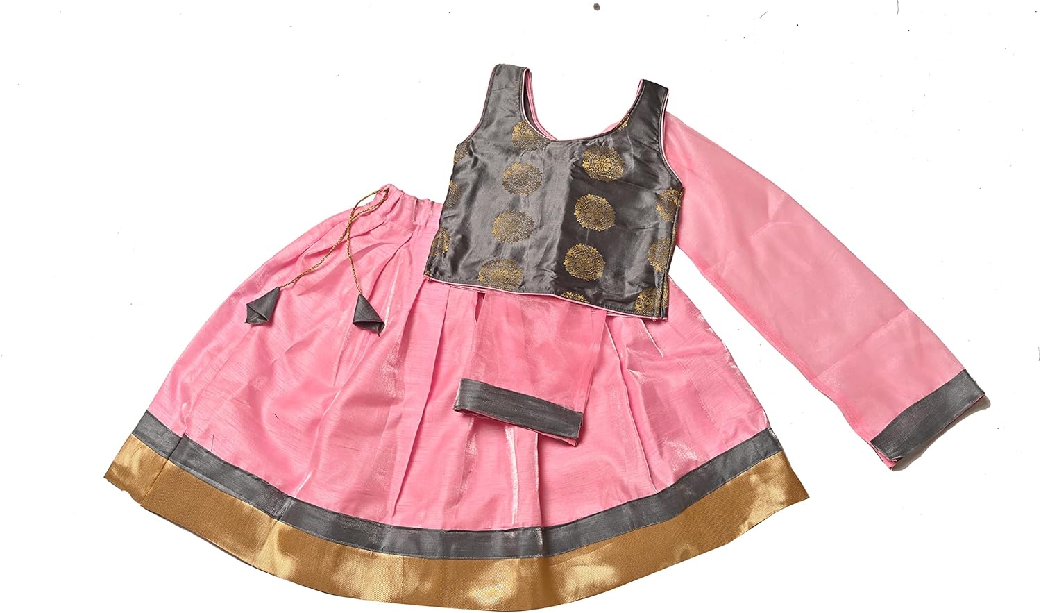 Elegant Satin Silk Lehenga Choli for Kids in Grey Baby Pink