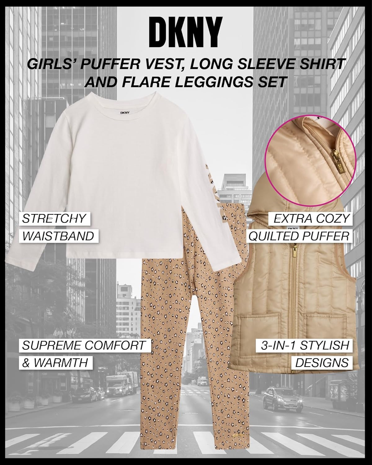 DKNY Girls Quilted Vest Puffer Flare Leggings Set
